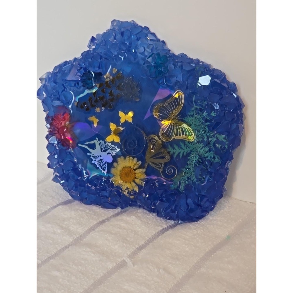 Handmade Resin Crystal Edge Trinket Holder Holographic‎ Blue Gold 785